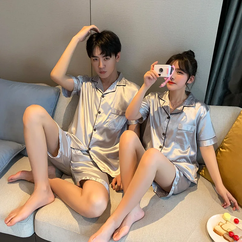 Solid Color Sleepwear Silk Satin Pajamas Couple Set Short Button