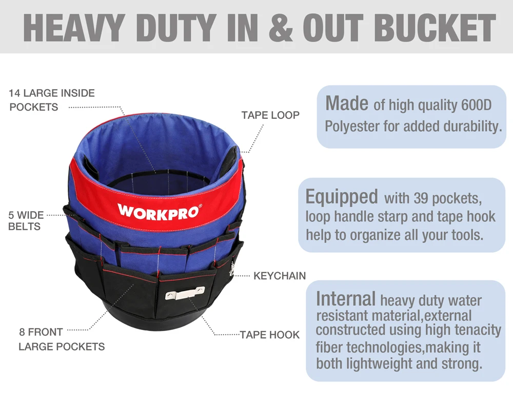 WORKPRO 5 Gallon Bucket Organizer Bucket Tool Bag With 51 Storage Pockets Fits to 3.5-5 Gallon Bucket (Tools&Bucket Excluded) garden tool bag