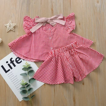 

New Summer Children Baby Girls Casual Flare Sleeve Short T-shirt Tops+Paild Shorts With Bowknot Sashes Outfits Set