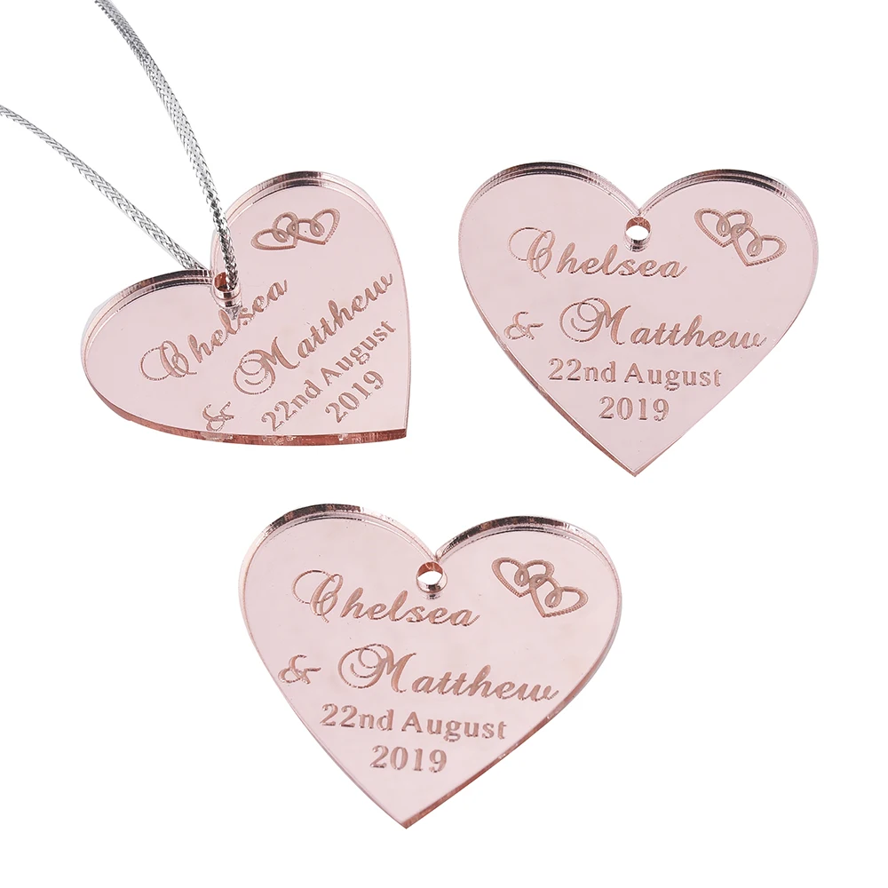

10Pcs Personalized Engraved Mirror Heart Wedding Tags Rose Pink Baptism Tag Sculpture Baby Shower Gift Favor Party Decoration