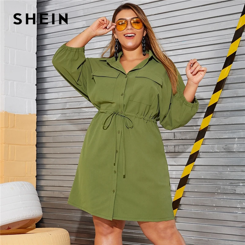 

SHEIN Plus Size Army Green Drawstring Waist Pocket Side Cargo Shirt Dress Women Autumn High Waist Flared Casual Plus Dresses