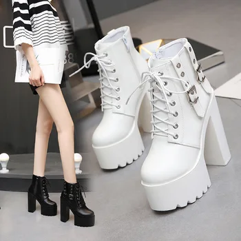 

14CM White Super High Heel Women's Shoes Muffin Waterproof Platform Lace Up Women's Shoes Thick Heel Fashion Women's Shoes BG-13