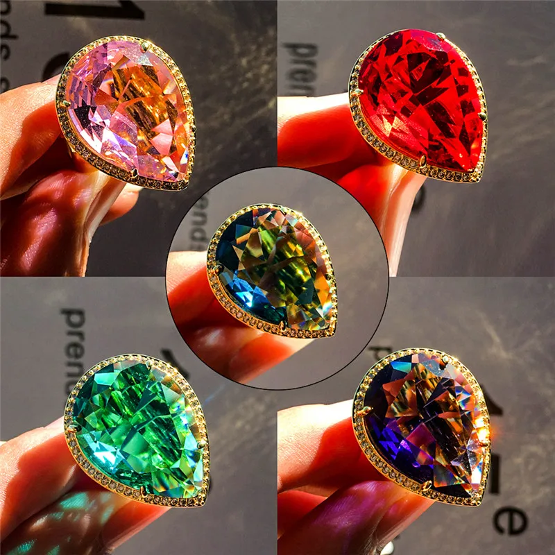 

Gorgeous Male Female Big Water Drop Ring Men Women Yellow Gold Wedding Band Ring Luxury Blue Purple Zircon Engagement Ring