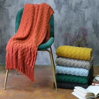 

Fashion Stereo Water Ripple Knitted Throw Travel Sofa Blanket Tassels Air Condition Blanket for Home Sofa Chair Blankets
