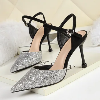 

2020 Summer Women Sandals Glitter Sequined Thin heeled Party Wedding Shoes High heels Slingback Pumps Office Lady shoes Sandals