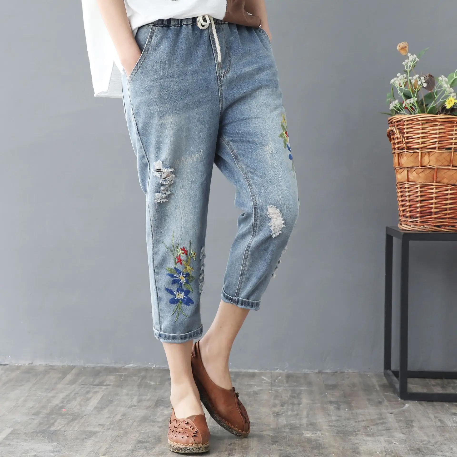 ripped jeans Elastic Waist Jeans Ladies Vintage Embroidery Trousers Women Casual Retro Floral Denim Cowboy Ripped Harem Pants Yalabovso jeans pant Jeans