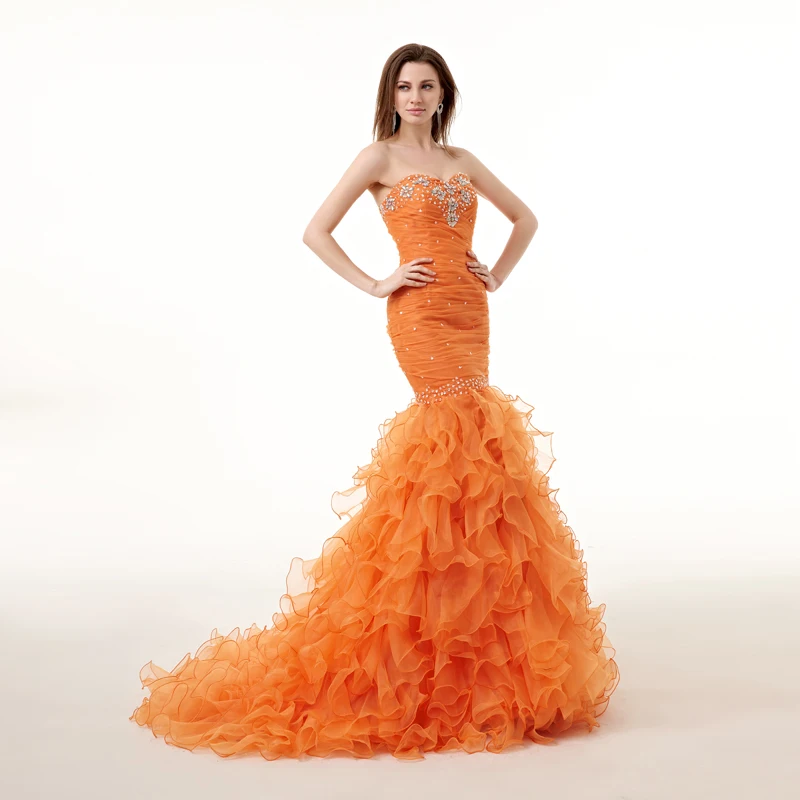 

Orange Mermaid Evening Dress Long Formal Gowns Luxury Beading Pleated Tiered Lace Up Prom Dresses vestido de fiesta de boda