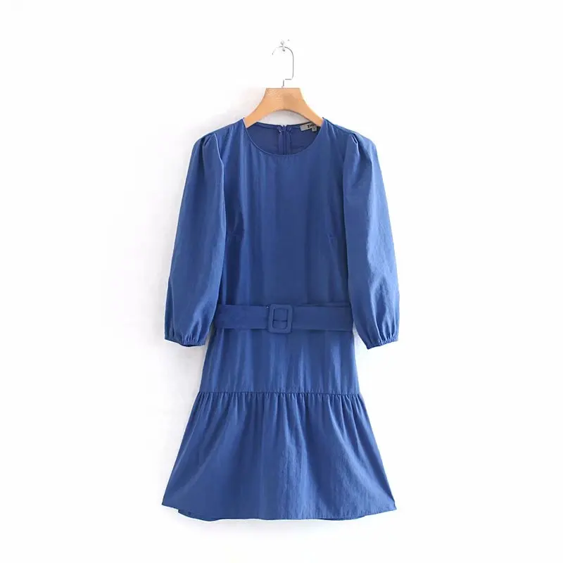 New women fashion solid color hem ruffles casual dress female elegant o neck lantern sleeve vestidos chic sashes dresses DS2786 | Женская