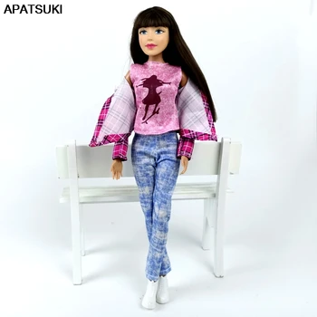 買取 1 セットファッション衣装バービー人形の服ピンク手作り格子縞のコートベストジーンズデニムパンツバービードールハウスアクセサリー