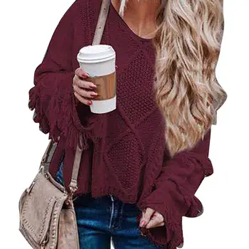 

Autumn Winter Women Sweater Loose Sweater Solid Color Tassel Flare Sleeve O-Neck For Women's Clothing