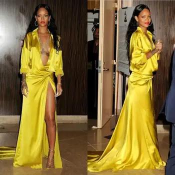 

Rihanna Grammy Yellow Fashion Deep V Neck Evening Dresses Long Sleeves Sweep Train Slit Side Red Carpet Celebrity Prom Gowns