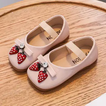 

Children Girls Shoes 2020 New Fashion Baby Girl Princess Soft Bottom Children's Peas Flats Strawberry Bow Leather Shoes