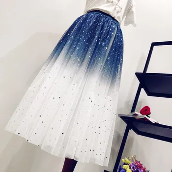 

Gradient A Line Casual Skirt Women High Waist Mesh Midi Skirt Female A-Line Tutu Skirt
