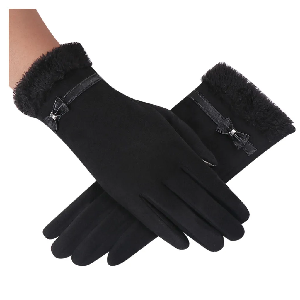 Black elegant Bow leather Pearl gloves full Finger Outdoor Women Thicken Winter mittens Warm Bowknot Thermal Fleece Gloves