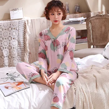 

2020 New Pajamas Female Long Sleeve Shirt&Pants Suits Cotton Sleep Set V-neck Thin Print Home Clothes With Bow Lovely Sleepwear