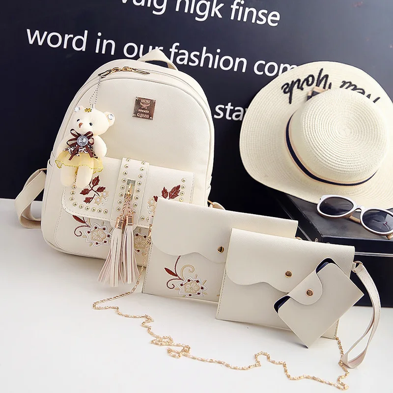 

Embroidered Flower Backpack 2019 New Style Korean-style Fashion pubackpack Set Send Bear Pendant Batch