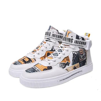 

Unisex white ankle canvas shoes breathable canvas stitching PU casual lace-up Board shoes printed high-top vulcanized shoes35-44