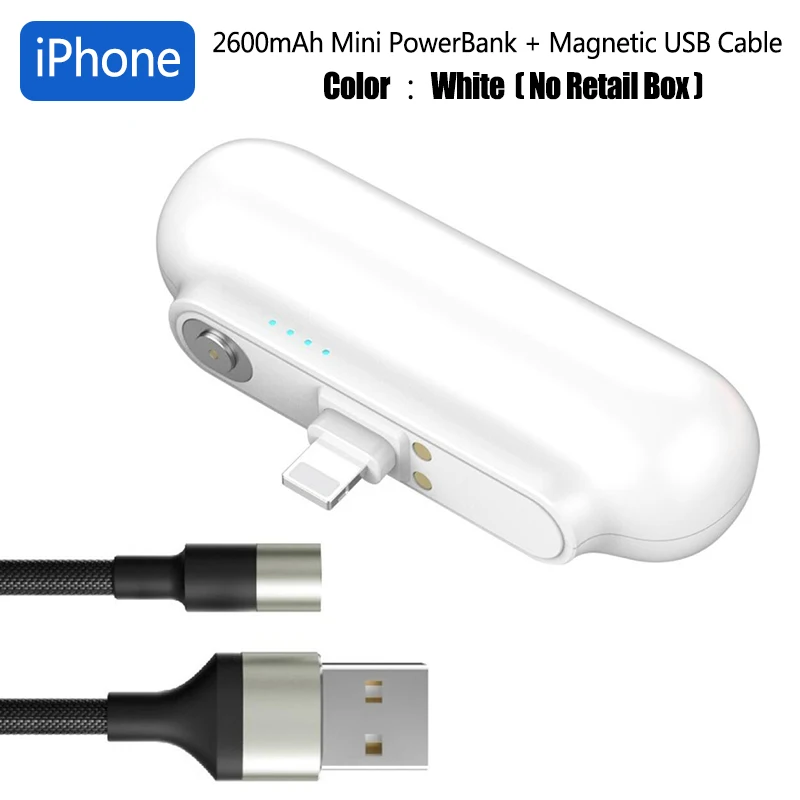 For iPhone White Мини Портативный внешний аккумулятор с зажимом для iPhone, samsung, huawei, магнитное зарядное устройство Micro usb type-C, 2600 мА/ч, капсульный внешний аккумулятор - Цвет: For iPhone White