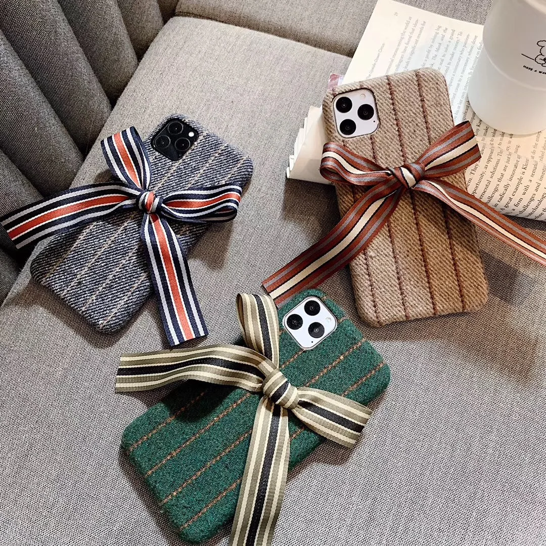 

Luxury Stripe Bowknot Flannel Plush Phone Case for Iphone 11 Pro Max X Xs Max Xr 6 7 8 Plus Soft Fabric Cloth Tpu Back Cover