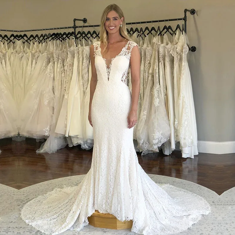 

V-Neck Mermaid Lace Appliques Top Vintage Wedding Dresses European Style Custom Sleeveless Bridal Gowns Formal Robe De Mariage