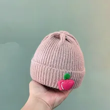 Вязаная Шерстяная Шапка с мультяшным принтом для маленьких девочек, детское украшение в виде фруктов, сохраняющая тепло, зимние шапки, вязаная шапочка с козырьком#5