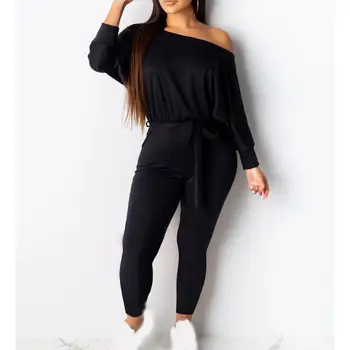 

2019 Autumn Women Off Shoulder Jumpsuit Lace Up Long Sleeve Long Romper Casual Solid Colors Slash Neck Jumpsuit