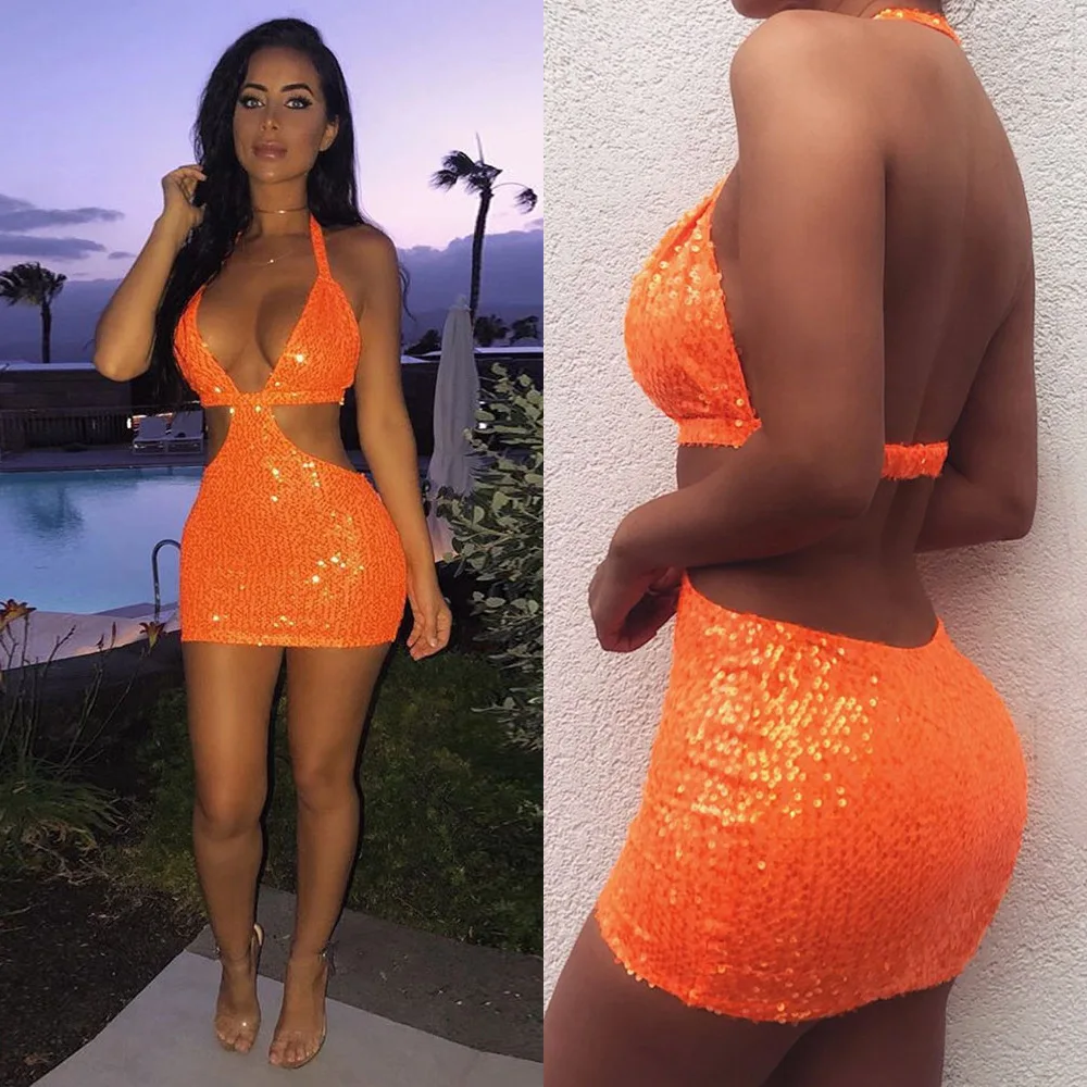 Fuedage SEQUINS летнее облегающее платье для женщин без рукавов сексуальное Белое платье Элегантное открытое Vestidos вечерние мини-платья одежда