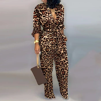 

Fashion Leopard Printed Women Jumpsuit Spring Autumn Long Sleeve Sashes High Waist Loose Causal Jumpsuits Romper Playsuit