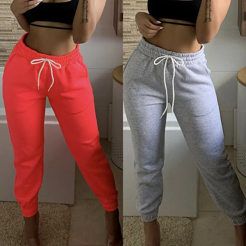 2020 de las mujeres de alta cintura deporte pantalón largo correr gimnasio pantalones casuales pantalones con cordón pantalones de Pantalón de algodón 3 colores