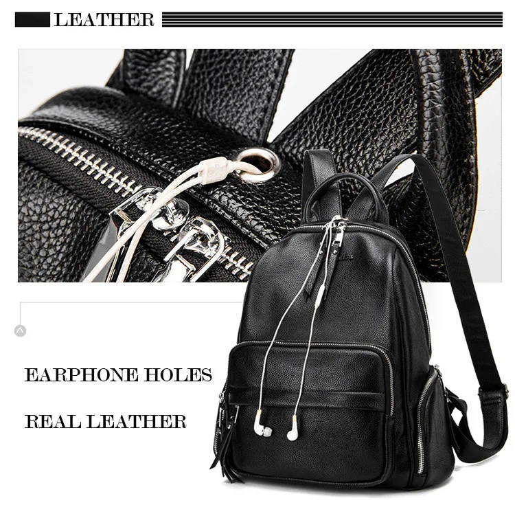 Double zipper Women Backpack Retro Black Ladies Large Soft Real Leather Backpacks Purse 15 inch Casual Girls School knapsack Bag (7)
