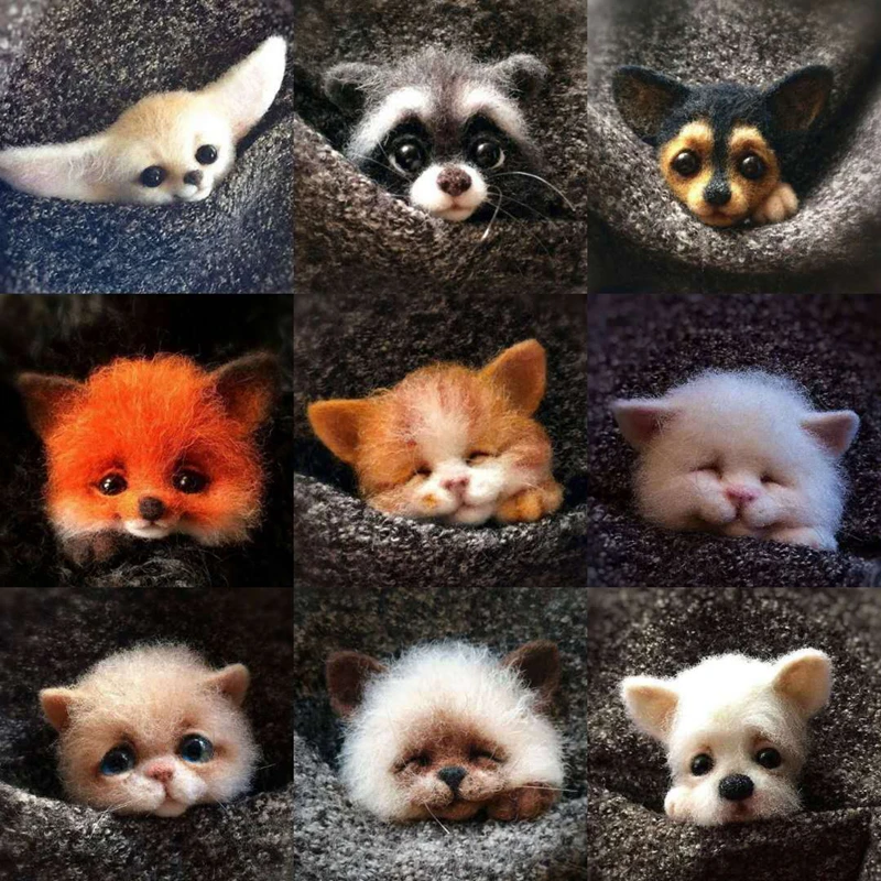 Jiwuo-juguete hecho a mano con dibujos de zorro, cachorro, gato, perro, muñeca de lana de fieltro con aguja, paquete de cocina, Animal de fieltro