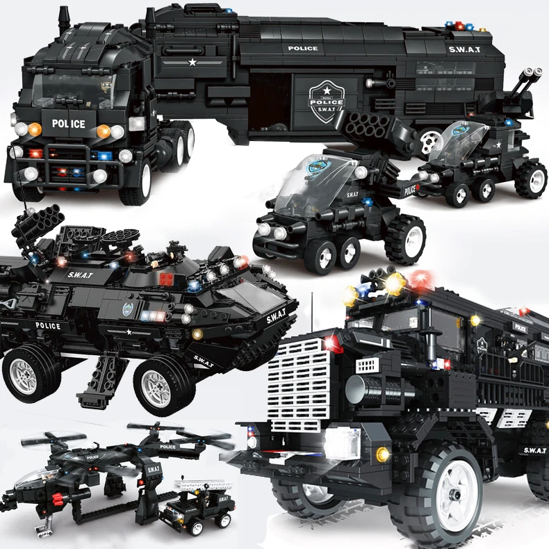 

WOMA City SWAT Police Team Helicopter Trucks Bus Car Ship Military Vehicle Model Compatible Legoing Building Blocks Bricks Toys
