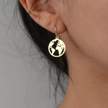 

World Map Earring Simple Women Stud Earrings Light Yellow Gold Color Cute Girls Classic Brincos Pendientes Kolczyki