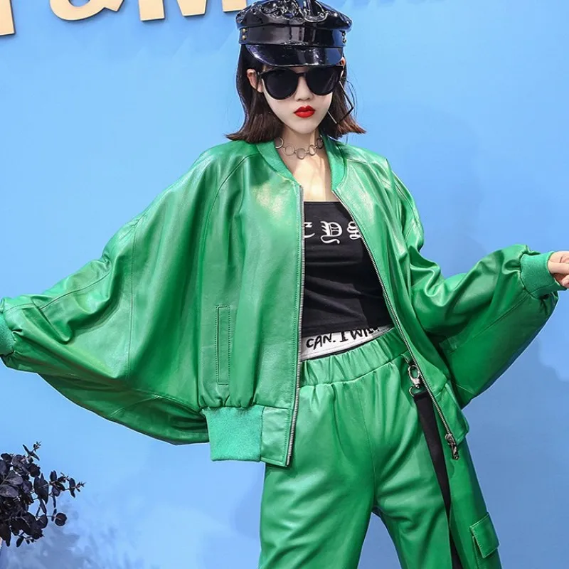 여성용 하이 스트리트 루즈 가죽 재킷, 디자이너 스탠드 칼라 배트윙 슬리브, 외투, 레드 스트리트웨어, 양가죽 코트