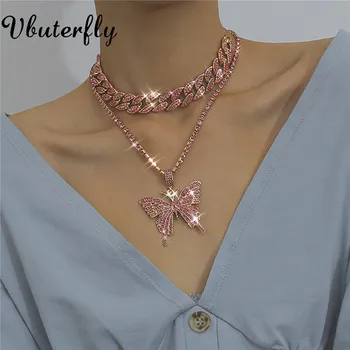 

Multi-layer Bigger Butterfly Pendant Chain Necklaces Gold/gun Black Fully Iced out Lab Crystal Inlaid Choker Necklace #1