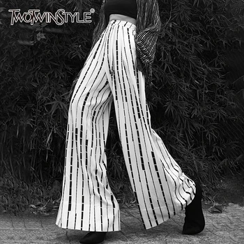 

TWOTWINSTYLE Casual Loose Women Full Length Pants High Wiast Hit Color Striped Ruched Wide Leg Pant For Female Clothing Fashion