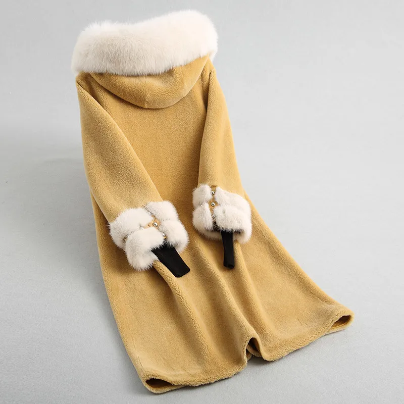 

Sheep Wool Fur Coat Real Shearing Jacket Female Natural Fox Fur Collar Hooded Long Winter Jacket Women Patchwork Mink Cuff Parka