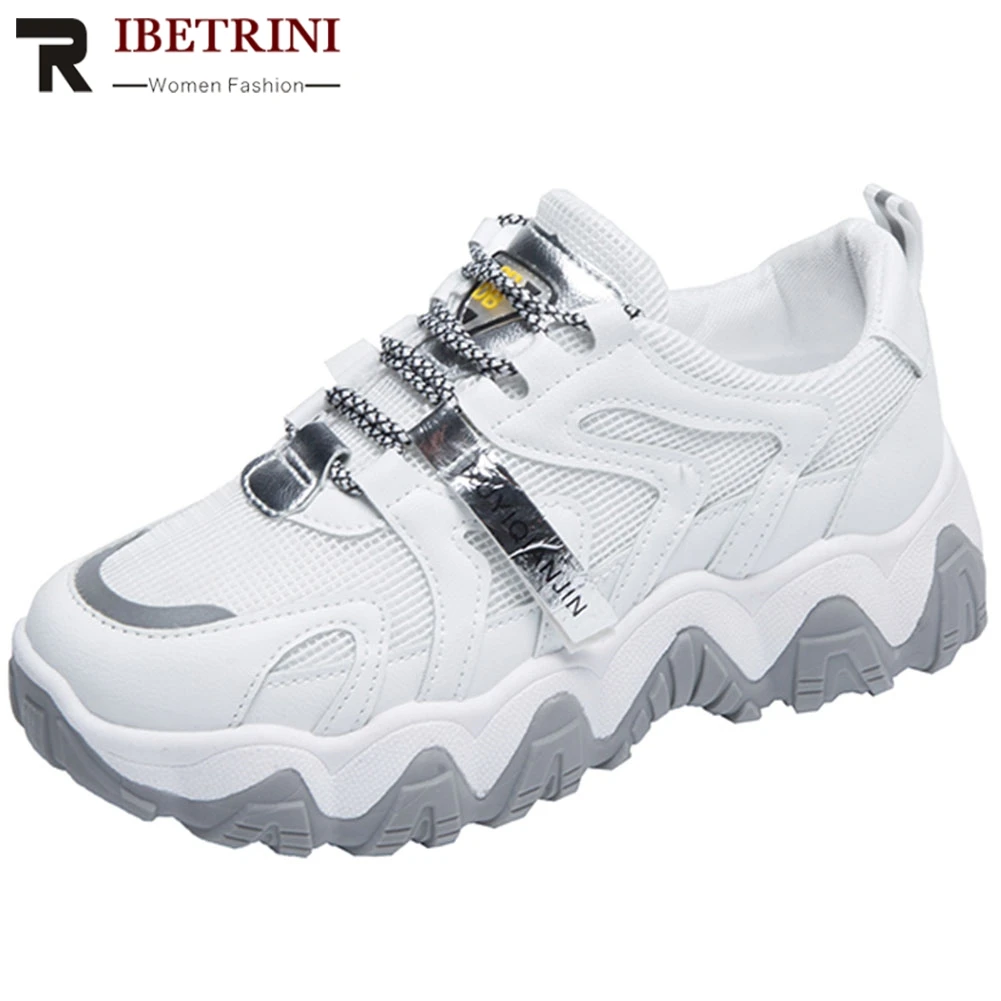 

RIBETRINI Brand Cool Female Shoes Woman Lace Up Platform Chunky Heel Mixed Color Round Toe Flats Women Air Mesh Fashion Flats