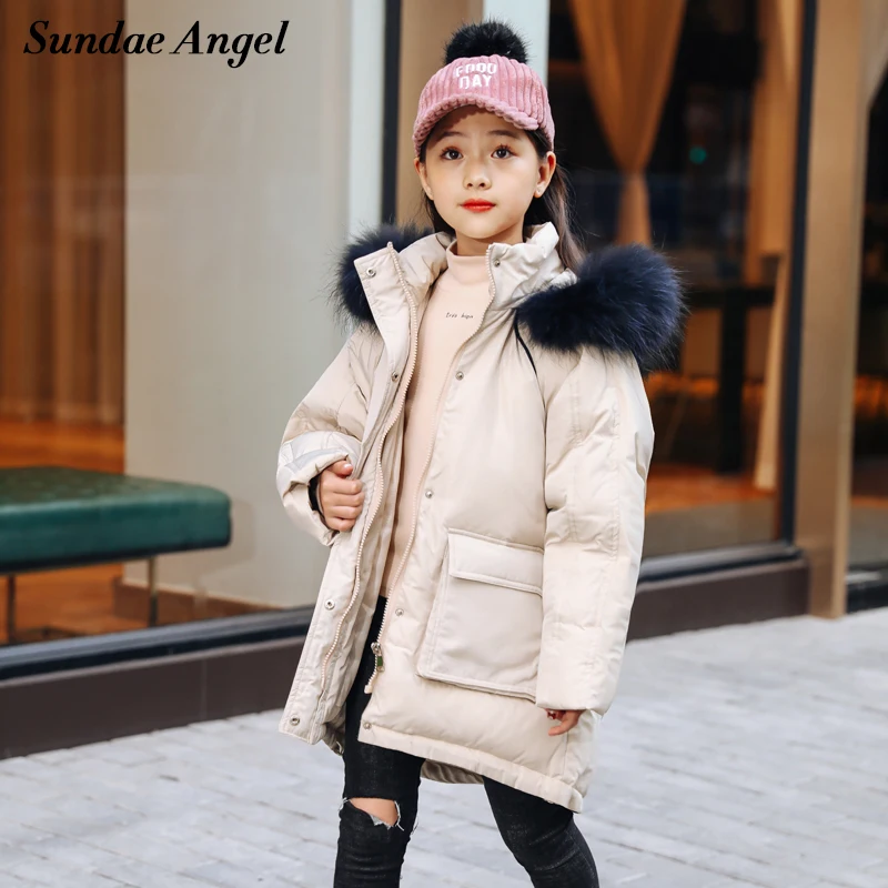 

Sundae Angel Girl Winter Coat 80% White Duck Down Jacket Solid Pocket Long Sleeve Outerwear Thicken Girls Parkas Clothes