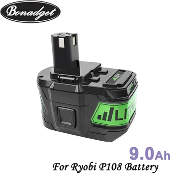 

Bonadget 9000mah Replacement For Ryobi 18V P108 P106 P105 P104 P103 Battery Lithium Rechargeable Battery Power Tools Battery
