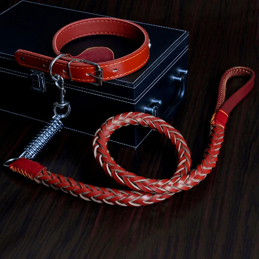 Brown Heavy Big Dog Explosion-proof Dog Lead Rope Leather Braided Dog Collar Dog Leash Set Adjustable Collar Husky Large Medium Dogs - Цвет: Brown