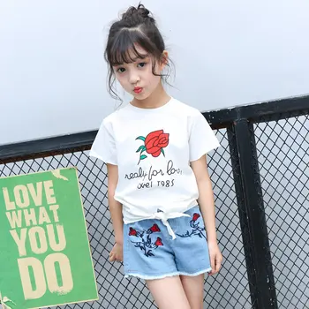 

Cotton Girls Clothing Sets Summer Floral Two Piece Short Sleeve T Shirt + Denim Shorts Fashion Girls Clothes Suit Flower Outfits