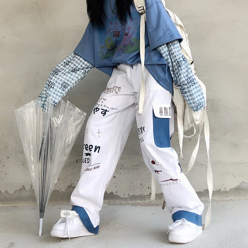 

HOUZHOU White Cargo Pants Streetwear Women Oversize Wide Leg Dungarees Techwear Straight High Waist Trousers Korean Fashion