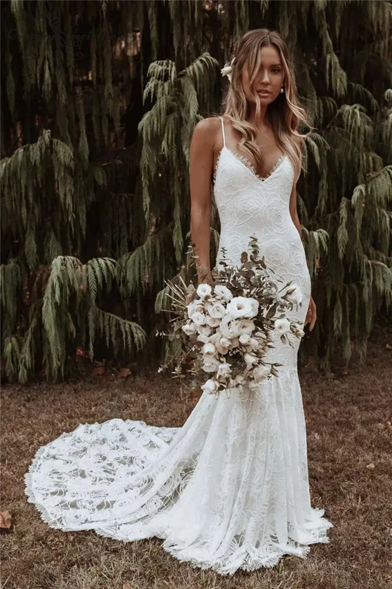 simple wedding dresses Boho Mermaid Wedding Dresses Spaghetti Straps  Lace Backless Beach Sexy V-Neck Bohemian Bridal Gowns Elegant Vestidos De Noiva tea length wedding dress