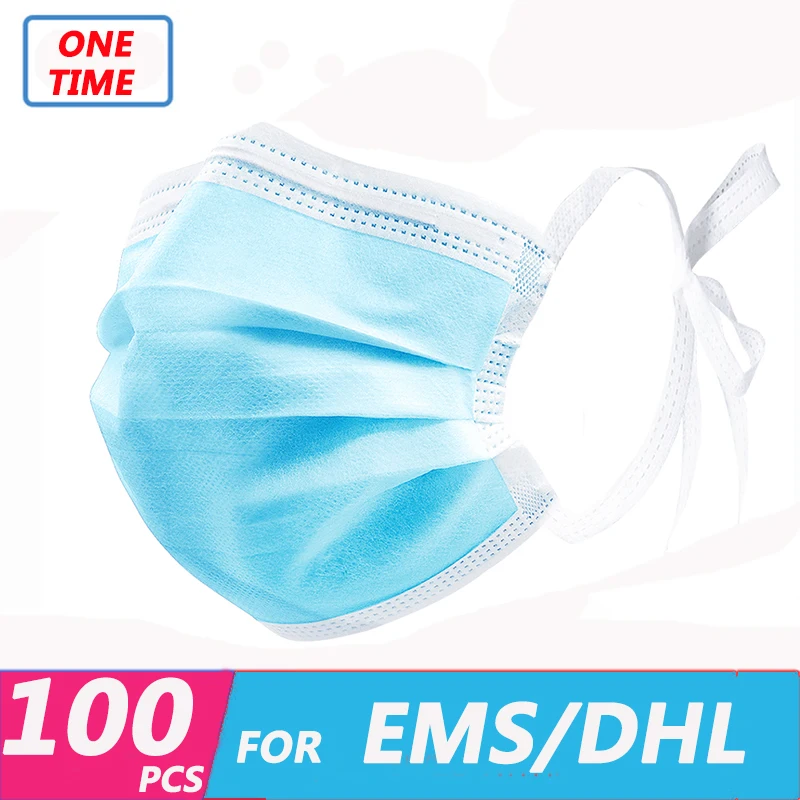 

In Stock! Shipping By EMS/DHL!100PCS Non-Woven Face Masks One Time Solid Color Blue One Time 3 Layers Bandage Style Mouth Covers