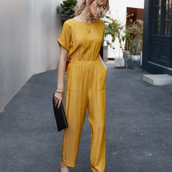 

Women's Casual Solid Color Jumpsuit Short Sleeve Round Neck Back Lace Up Slim Fit Elegant Women's Trousers Jumpsuit Overalls