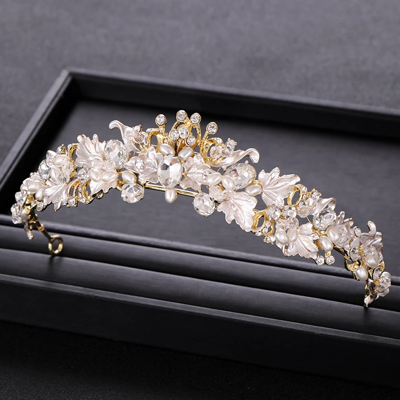 Trendy rhinestone pearl crystal crown headband flower bride hair accessories gold crown bride wedding crown hair accessories