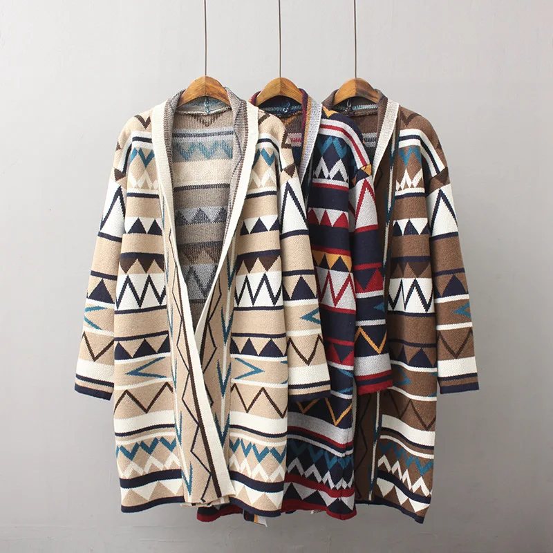

Contrast Color Argyle Oversized Cardigan Women Full Sleeve Open Stitch 2019 Fall Winter V-neck Striped Knitted Sweater Long Coat