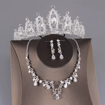 

Luxury Women Wedding Jewelry Hair Accessory Crystal Rhinestone Crown Tiaras Necklace Earrings Set for Bride Jewelry Sets VL