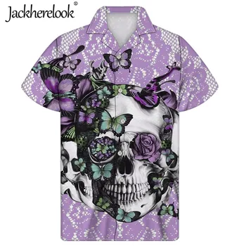 Jackherelook-Camiseta hawaiana con estampado de calavera de azúcar y mariposa púrpura, camisa con botón debajo del cuello para hombre